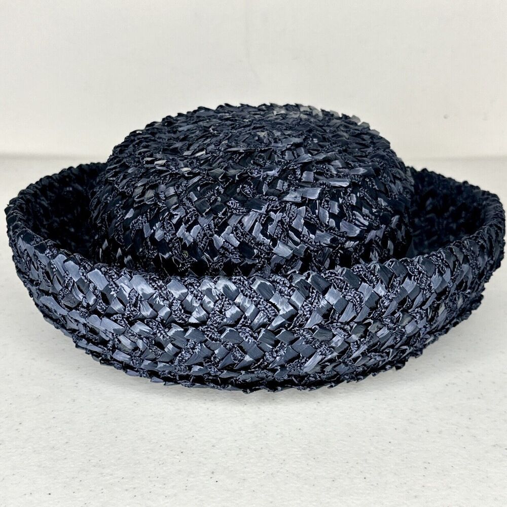 Vintage braided straw 1960’s Ribbon Navy Blue Womens Bowler Clouche‎ Hat - Picture 2 of 7
